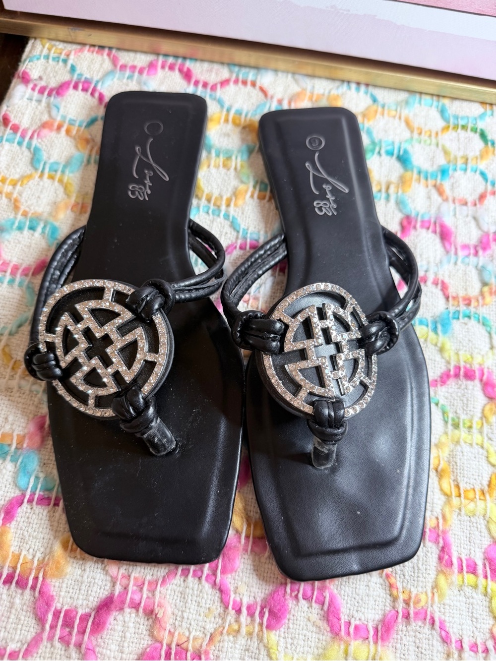 Black Embellished Leather Slide Sandals